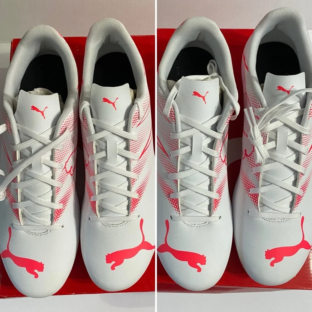 Puma, Men Size 11.5/ Men Size 12, Attacanto FG/AG, Puma White- Fire Orchid